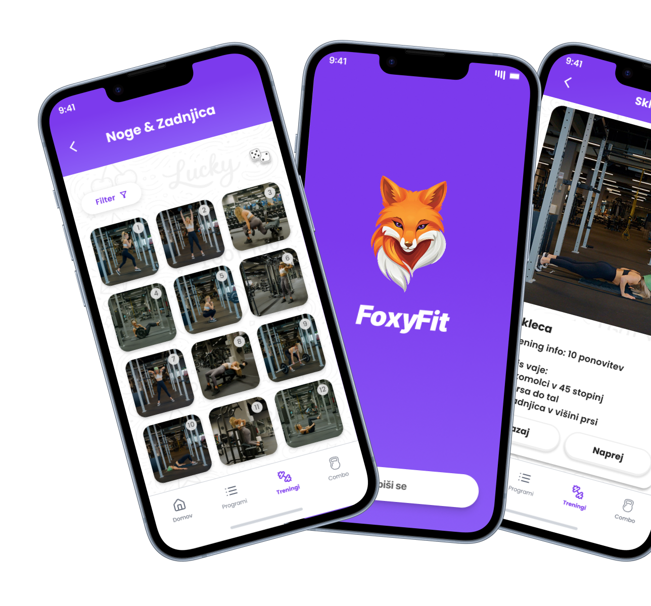 Trije zasloni fitnes aplikacije FoxyFit